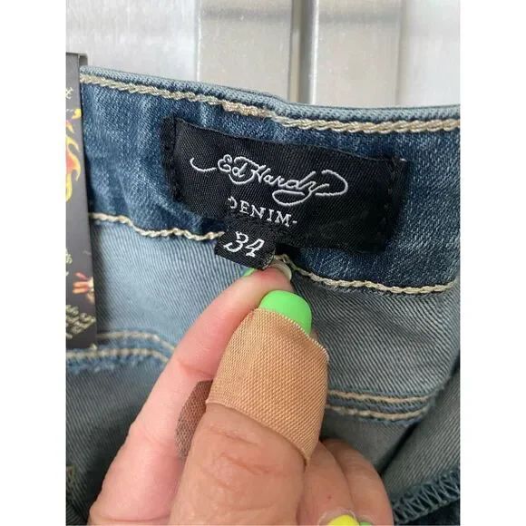 ED HARDY HIGH RISE WIDE LEG EAGLE EMBROIDERED JEANS SZ 34